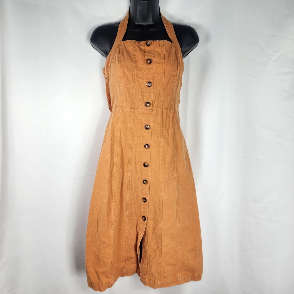 Moon River Button Down Halter Dress Cotton Orange Academia Retro Boho Womens XS
